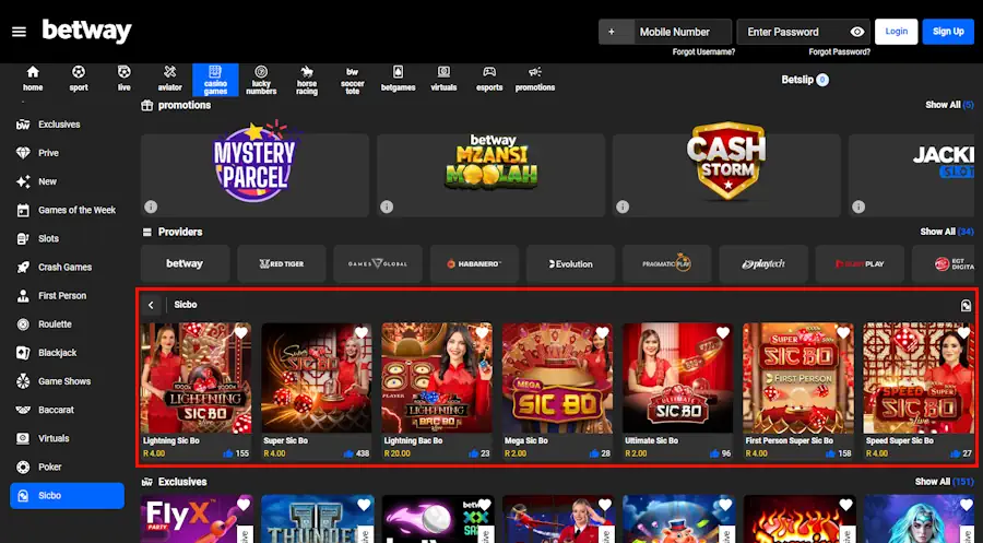 Betway Casino Sic Bo Games Screenshot